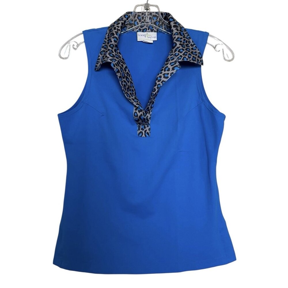 Tracey Lynn Golf Tank Top Womens Size Small Leopard Collar Blue